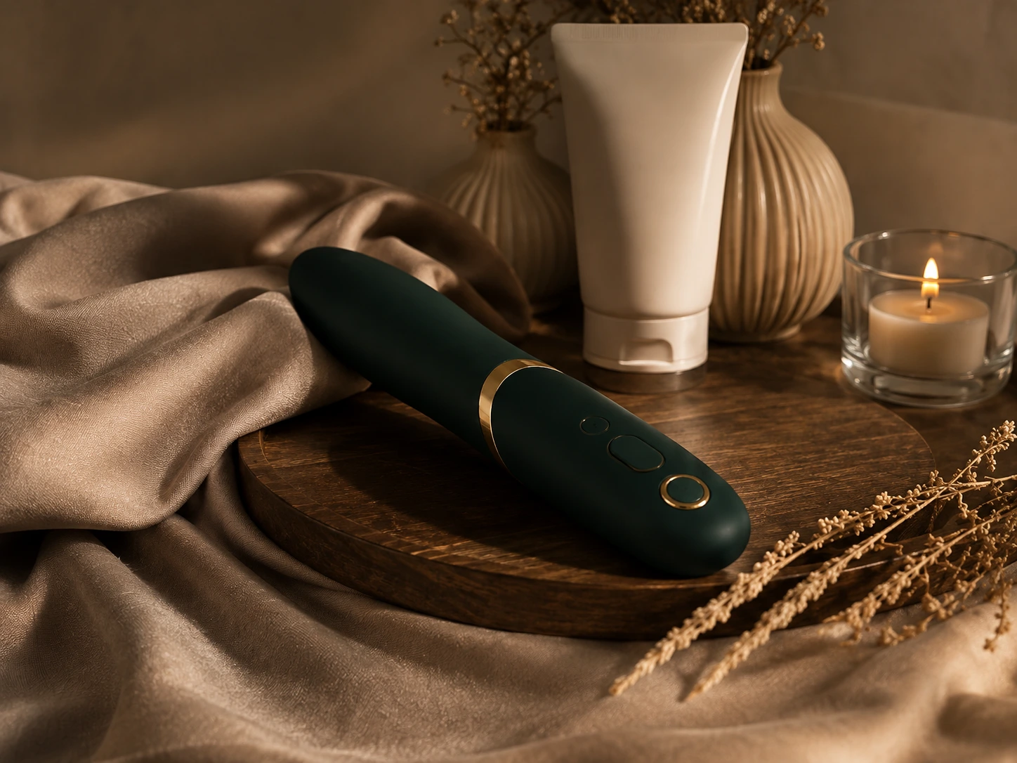 A discreet premium intimate wellness product in an elegant selfcare setting.