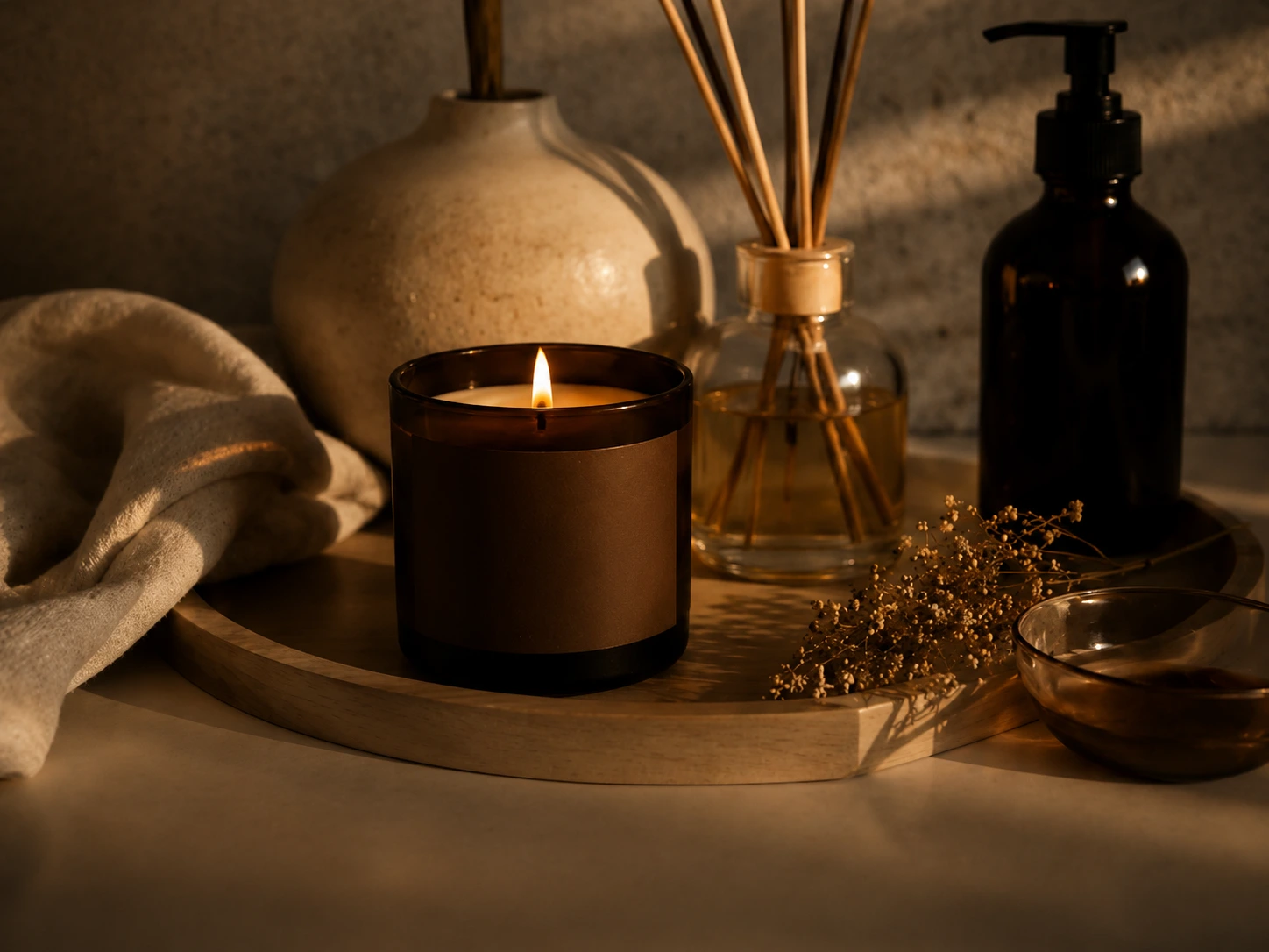 A calm selfcare setting with warm light, candles and natural textures.